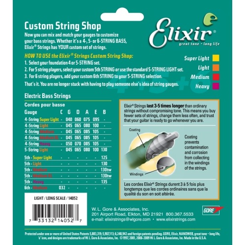 Elixir Strings Electric Bass Strings, 4-String, Light, Long Scale NANOWEB Coating 14052