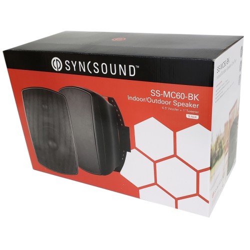 SyncSound SS-MC60-BK 6.5" 100W Outdoor-Indoor Speakers Pair 8 Ohms With Wall Mounting Brackets Black