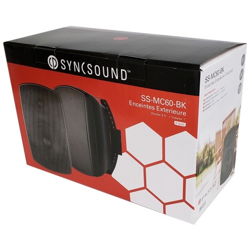 SyncSound SS-MC60-BK 6.5" 100W Outdoor-Indoor Speakers Pair 8 Ohms With Wall Mounting Brackets Black