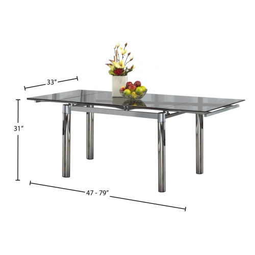 Clear Glass Modern Extendable Dining Table with Chrome Finish Metal Pillar Legs Seats 4- 6