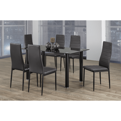Modern 7 Piece Dining Set Black Tempered Glass Table with Black Metal Finish