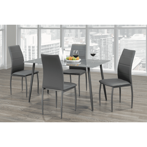 Frosted Glass Modern Dining Table with Grey Finish Metal Tapered Legs Seats 4