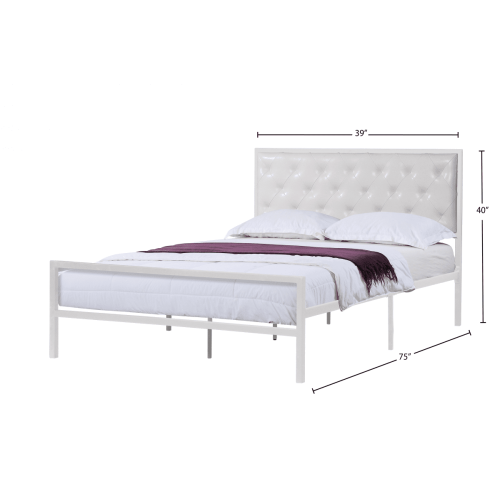 39" Single White Metal Frame Bed with White Bonded Leather Headboard No Boxspring Required