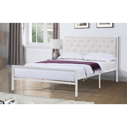 39" Single White Metal Frame Bed with White Bonded Leather Headboard No Boxspring Required