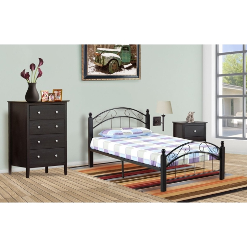39" Single Black Metal Frame with Dark Espresso Wood Legs Traditional Platform Bed with Slats No Boxspring Required