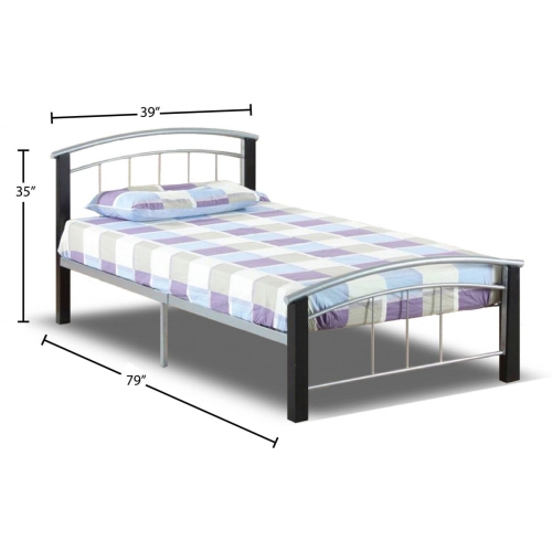 39" Single Black Wood Legs and Pewter Metal Frame Contemporary Platform Bed with Slats No Boxspring Required