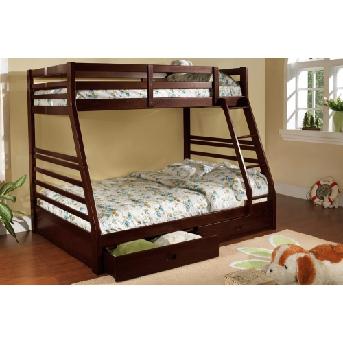 Espresso Wood Finish Single Over Double 39"/54" Bunk Bed with Full Length Guardrails, Ladder and 2 Storage Drawers