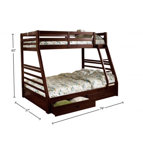 Espresso Wood Finish Single Over Double 39"/54" Bunk Bed with Full Length Guardrails, Ladder and 2 Storage Drawers