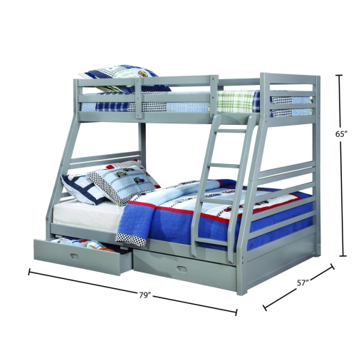 Lit superposé simple sur double 39 po/54 po au fini bois gris avec rails de lit pleine longueur, échelle et 2 tiroirs de rangement