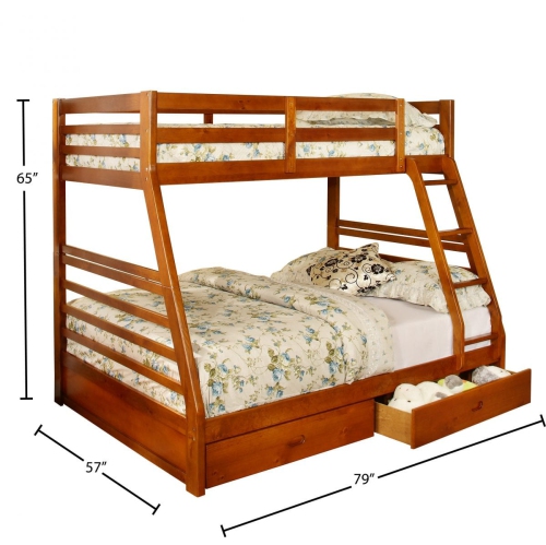 Lit superposé simple sur double 39 "/ 54" fini bois miel avec garde-corps pleine longueur, échelle et 2 tiroirs de rangement