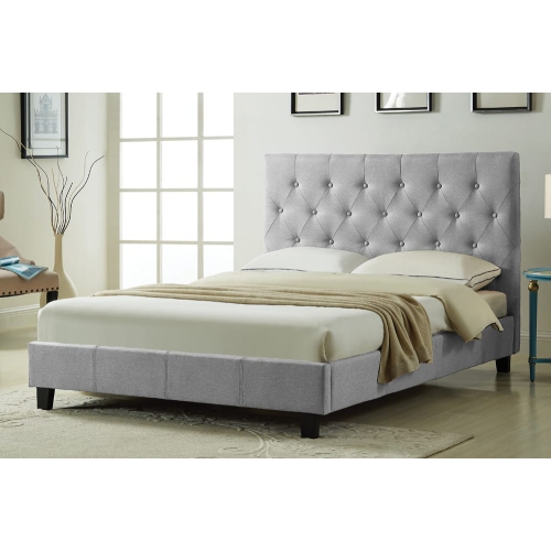 Grey Linen Fabric Contemporary 60" Queen Platform Bed Slats Included No Boxspring Required
