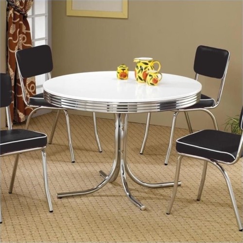 BOWERY HILL  Round Chrome Plated Dining Table With Top In White