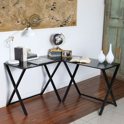 Bureau en coin avec dessus en verre et pattes en X Winmoor Home pour ordinateur de jeu - Noir