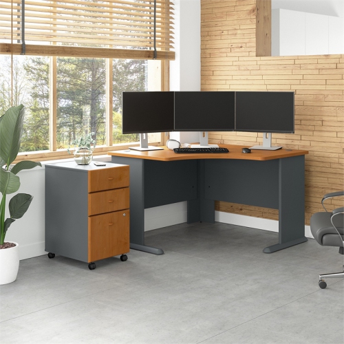 Series A 48" Corner Desk and File Cabinet in Natural Cherry - Engineered Wood