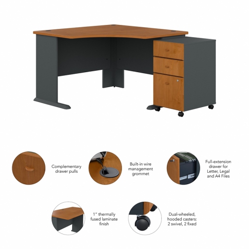 Series A 48" Corner Desk and File Cabinet in Natural Cherry - Engineered Wood