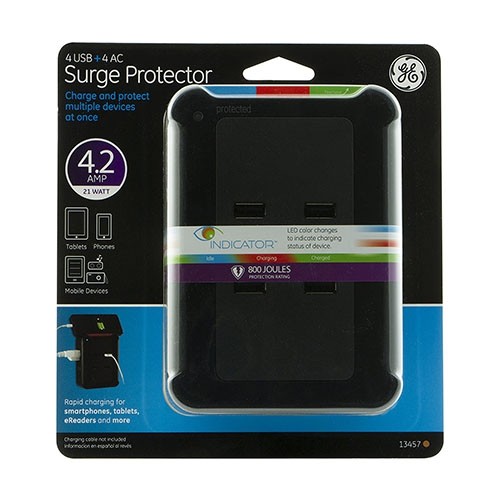 GE 4XUSB + 4XAC Surge Protector 800-Joules Wall Tap
