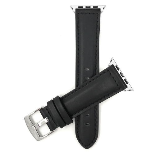 BANDINI  Black, Leather 42MM / 44MM / 45MM / 49MM Apple Watch Band Strap, Mat Finish, Stitching, Stainless Steel Buckle, Series 8 7 6 5 4 3 2 1 Se &