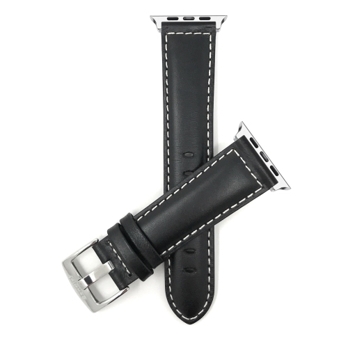 BANDINI  Black, Leather 42MM / 44MM / 45MM / 49MM Apple Watch Band Strap, Mat Finish Stitching, Stainless Steel Buckle, Series 8 7 6 5 4 3 2 1 Se &