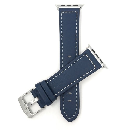 Blue, Racer, White Stitching, Leather 42mm Apple Watch Strap Band, Stainless Steel Buckle, Fits Series 1, 2 & 3