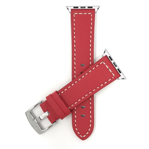 Red, Racer, White Stitching, Leather 42mm / 44mm Apple Watch Strap Band, Stainless Steel Buckle, Series 6 5 4 3 2 1