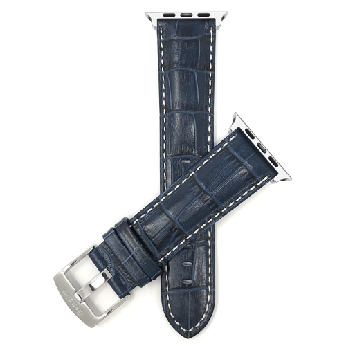 Bleu, Bracelet de montre 42mm, 44mm, 45mm et 49mm pour Apple Watch pour hommes en cuir véritable, avec couture blanche, fini lustré, motif alligator,