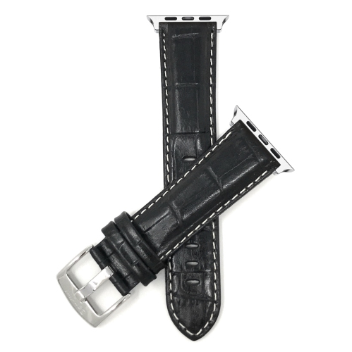 Bracelet noir en cuir d’alligator pour hommes 42 mm/44 mm/45 mm/49 mm, coutures blanches, fini lustré, série 8 7 6 5 4 3 2 1 se et Ultra