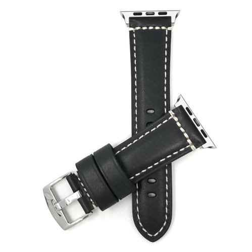 BANDINI  Black, Italian Leather 42MM / 44MM / 45MM / 49MM Apple Watch Strap Band, Double Stitching, Stainless Steel Buckle, Series 8 7 6 5 4 3 2 1 Se
