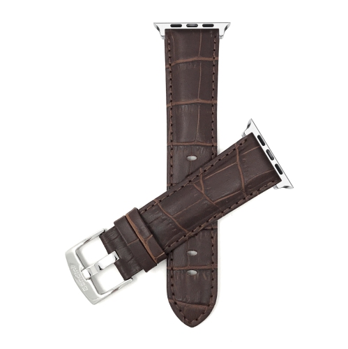 BANDINI  Brown, Mens' Alligator Style Leather 42MM / 44MM / 45MM / 49MM Apple Watch Strap Band, Stainless Steel Buckle, Series 8 7 6 5 4 3 2 1 Se &