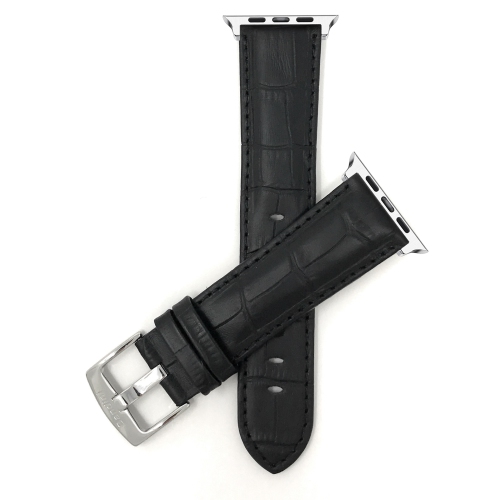 BANDINI  Black, Mens' Alligator Style Leather 42MM / 44MM / 45MM / 49MM Apple Watch Strap Band, Stainless Steel Buckle, Series 8 7 6 5 4 3 2 1 Se &