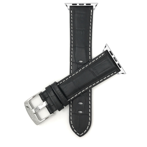 BANDINI  Black, Mens' Alligator Style Leather 42MM / 44MM / 45MM / 49MM Apple Watch Strap Band Stitching, Series 8 7 6 5 4 3 2 1 Se & Ultra In White