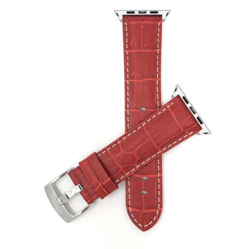 BANDINI  Red, Mens' Alligator Style Leather 42MM / 44MM / 45MM / 49MM Apple Watch Strap Band Stitching, Series 8 7 6 5 4 3 2 1 Se & Ultra In White