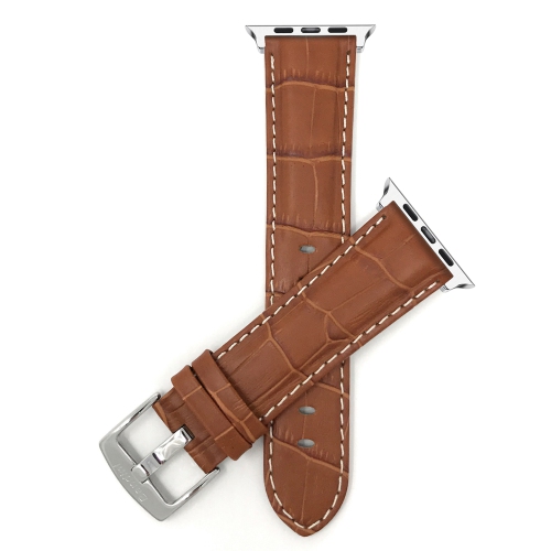 BANDINI  Tan, Mens' Alligator Style Leather 42MM / 44MM / 45MM / 49MM Apple Watch Strap Band Stitching, Series 8 7 6 5 4 3 2 1 Se & Ultra In White