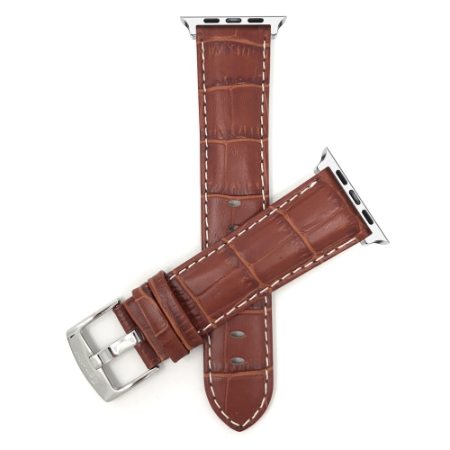 BANDINI  Dark Tan, Mens' Alligator Style Leather 42MM / 44MM / 45MM / 49MM Apple Watch Strap Band Stitching, Series 8 7 6 5 4 3 2 1 Se & Ultra In White