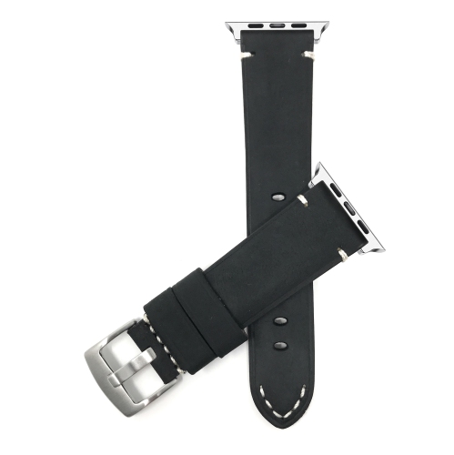 BANDINI  Black, Vintage 42MM / 44MM / 45MM / 49MM Apple Watch Band Strap, Leather, Stitch, Stainless Steel Buckle, Series 8 7 6 5 4 3 2 1 Se & Ultra