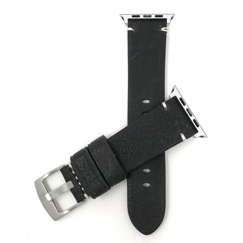 BANDINI  Black, Vintage 42MM / 44MM / 45MM / 49MM Apple Watch Band Strap, Leather, Minimal Stitch, Stainless Steel Buckle, Series 8 7 6 5 4 3 2 1 Se &