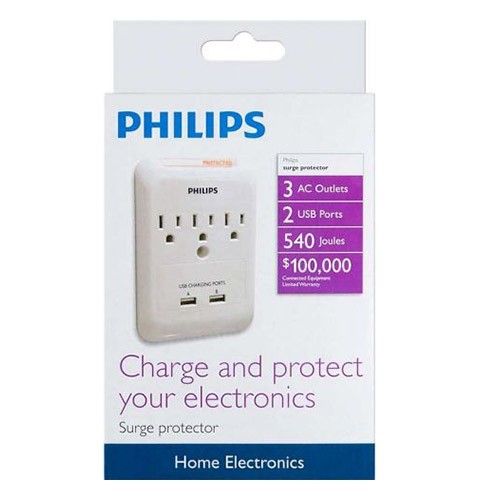 Philips 2-USB + 3-AC Surge Protector 540-Joules Wall Tap –