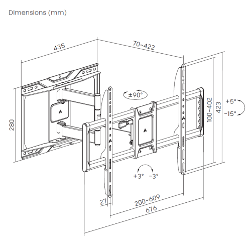 DURAMEX Full Motion LCD LED Plasma TV Wall Mount, Screen Bracket,Max VESA 600 x 400 MM, Fit TV Szie 37" to 90" Weight Limit Upto 50 Kgs / 110 Lbs