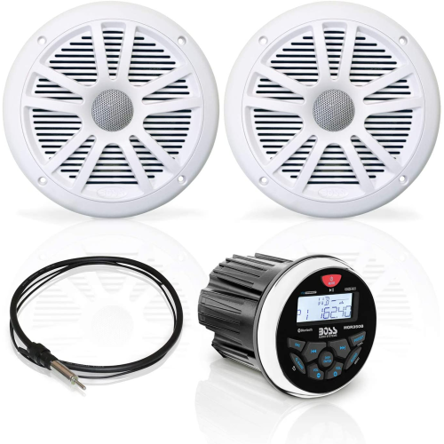 Boss Audio MCKGB350W.6 Combo - Marine Gauge Radio w-Marine Antenna & 2 6.5" Speakers - White