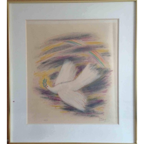 Framed Lithograph with Double Matte Numbered & Signed 63/150 By Reuven - Dove of Peace - 30 X 33"