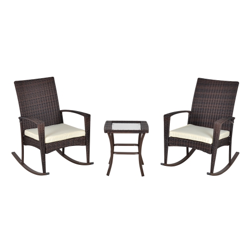 Outsunny 3pcs Rotin Chaise à Bascule Ensemble de Table Mobilier d'extérieur en Osier 2 Chaise 1 Table Basse Arrière-cour Pont Ensemble Bistro Marron