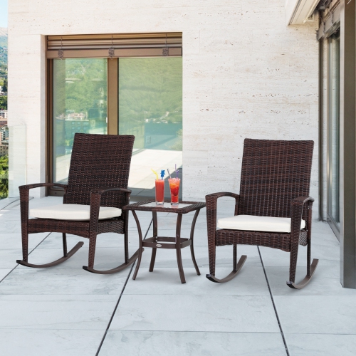 Outsunny 3pcs Rotin Chaise à Bascule Ensemble de Table Mobilier d'extérieur en Osier 2 Chaise 1 Table Basse Arrière-cour Pont Ensemble Bistro Marron