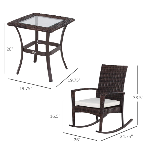 Outsunny 3pcs Rotin Chaise à Bascule Ensemble de Table Mobilier d'extérieur en Osier 2 Chaise 1 Table Basse Arrière-cour Pont Ensemble Bistro Marron