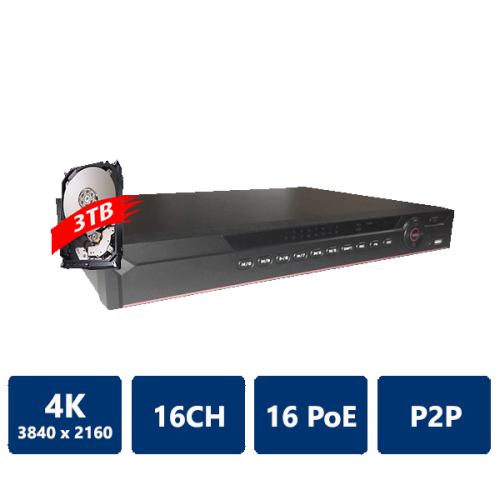16 Channel 1.5U 16PoE 4K&H.265 Lite Network Video Recorder, 3T