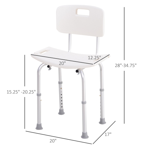 HOMCOM Bath Chair with Back, Adjustable Height Non-slip Shower Stool Bench Tool-Free Assembly Bathroom Aids, White