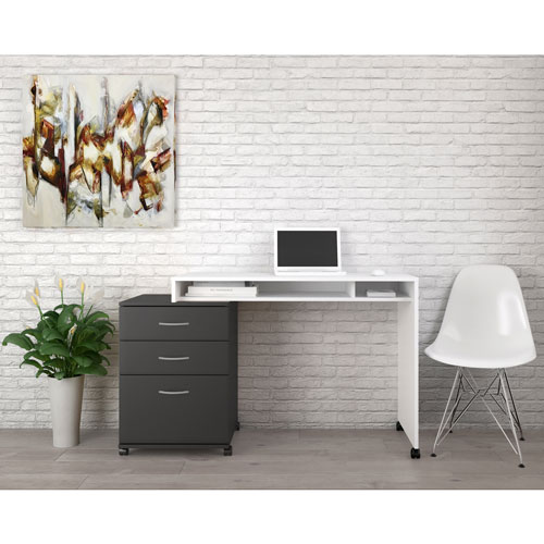 Essentials Office Desk with 3-Drawer Filing Cabinet - Black/White