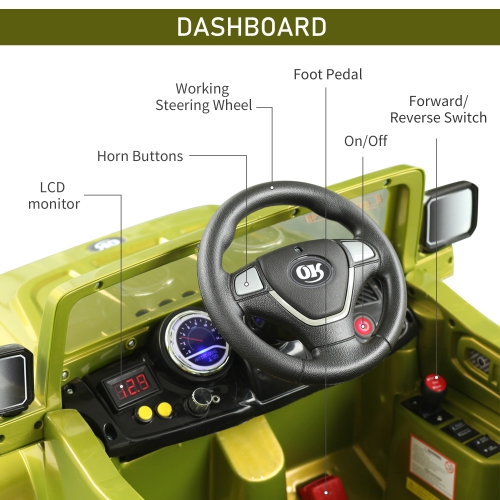 Aosom 12V Kids Electric Ride On Car Toy Truck with Remote Control 2 Speeds Lights MP3 LCD Power Indicator, Green