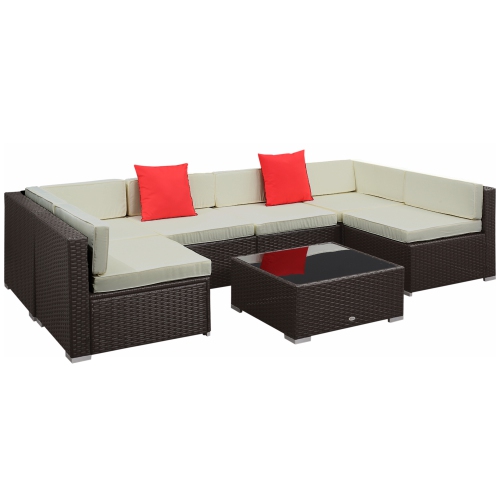 Outsunny Wicker 7-piece Patio Conversation Set with Sofa & Coffee Table Cushion Cream White