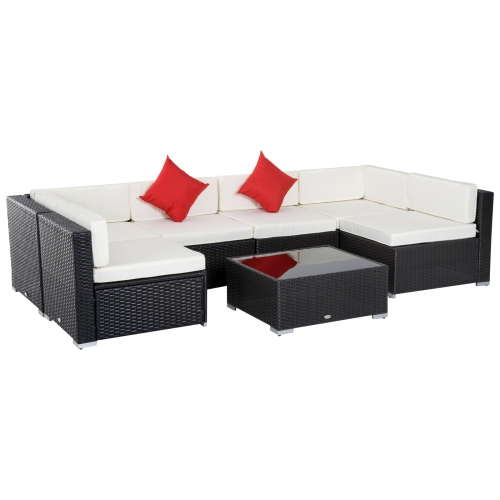 Outsunny Wicker 7-piece Patio Conversation Set with Sofa & Coffee Table Cushion Cream White