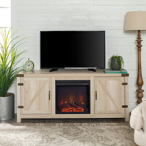 60 Fireplace Tv Stand White Oak, White Electric Fireplace Tv Stand With Sliding Barn Doors