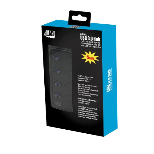 Adesso 4-Port USB 3.0 Hub, Portable & Lightweight with Individual Power Switches, LED Indicators, 5Gbps Data Transfer for Windows & Mac OS,